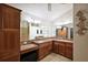 Bathroom featuring wood cabinets, granite countertops, dual sinks, and large mirrors at 2947 Rain Lily Loop, The Villages, FL 32163