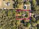 Aerial view of a home nestled amongst trees, inside of a property line highlighted in pink at 36845 Taylor Mill Rd, Fruitland Park, FL 34731