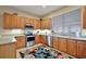 Kitchen featuring stainless steel appliances, wood cabinets, and a stylish area rug at 4818 Sawgrass Lake Cir, Leesburg, FL 34748