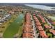 Panoramic aerial view of the community with homes along the pond at 5056 Harbour Dr, Oxford, FL 34484