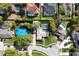 An aerial view of a neighborhood featuring homes with private pools and well-maintained lawns at 1494 Grace Lake Cir, Longwood, FL 32750