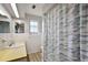 Bathroom featuring stylish patterned shower curtain, modern sink, and ample lighting at 33311 Green Rd, Leesburg, FL 34788