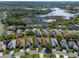 A scenic aerial view of a neighborhood with waterfront homes and a pond at 4712 St Andrews Arc, Leesburg, FL 34748