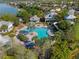 Aerial view showcases the community pool with slide, surrounded by lush landscaping near the lake at 724 Barefoot Bay Loop, Groveland, FL 34736