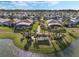 Aerial shot capturing the community's homes surrounding a central green space and pond at 17024 Goldcrest Loop, Clermont, FL 34714