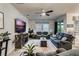 Spacious living room featuring a ceiling fan, fire place and comfortable sofas at 17024 Goldcrest Loop, Clermont, FL 34714