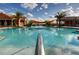 Outdoor pool with clear blue water, palm trees, and a sunshade structure in a lush community setting at 203 Silver Maple Rd, Groveland, FL 34736