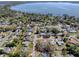 An aerial view shows property lines of the home, near a lake and surrounded by many lush trees in a neighborhood setting at 481 Belle Ayre Dr, Mount Dora, FL 32757