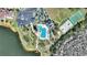 Panoramic aerial showcasing a community with a pool, tennis courts, and lake access, highlighting amenities at 1851 Soaring Heights Cir, Orlando, FL 32837