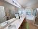 Bathroom featuring double sinks, large mirror, garden tub, and walk-in shower at 24614 Stillridge Ct, Leesburg, FL 34748