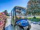 Stylish blue golf cart parked in the driveway with a charming home in the background at 337 Olanta Dr, The Villages, FL 32162