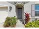 The front door is flanked with colorful shrubbery, with an overhanging arch and modern lighting at 3646 Maidencain St, Clermont, FL 34714