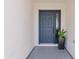 Stylish front door with sidelight and a potted plant, offering a warm and inviting entrance at 4521 Whittingtin Circle, The Villages, FL 32163