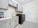 Modern laundry room with gray cabinets, gold hardware, and a unique tile floor at 464 Long & Winding Rd, Groveland, FL 34736