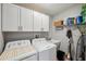 Efficient laundry room with white cabinets, washer, dryer, sink, and convenient storage shelving at 750 Evelynton Loop, The Villages, FL 32162