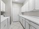 Well-lit laundry room featuring a washer and dryer, storage cabinets and tile floors at 11759 Se 91St Cir, Summerfield, FL 34491