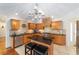 Stylish kitchen with wooden cabinetry, granite countertops, stainless steel appliances, and modern chandelier at 1907 Anderson Ct, The Villages, FL 32162