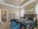 Comfortable main bedroom boasts tray ceilings, a colorful bedspread, and a neutral color palette at 12136 Se 176Th Loop, Summerfield, FL 34491