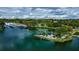 Aerial view of a boat marina and park with a striking red and white lighthouse on a point jutting into the lake at 219 N Rossiter St, Mount Dora, FL 32757