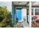 Inviting entryway with a vibrant blue door and lush tropical plants at 219 N Rossiter St, Mount Dora, FL 32757