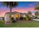 Elegant home with beautiful sunset views, complemented by palm trees and manicured landscaping at 2428 Maverick Way, The Villages, FL 32162