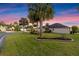 Well-maintained exterior with lush green lawn, mature palm trees, and manicured landscaping in a quiet neighborhood at 2428 Maverick Way, The Villages, FL 32162