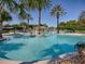 Expansive community pool with zero entry, poolside seating, lush palms, and tropical landscaping at 27121 Greenfly Orchid Ln, Leesburg, FL 34748