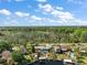 This aerial view shows the neighborhood, backyard pools, lake access, and the house nestled among the trees at 28416 Tammi Dr, Tavares, FL 32778