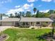 Inviting single-story home with lush front lawn, a two-car garage, and mature palm trees under a blue sky at 28416 Tammi Dr, Tavares, FL 32778