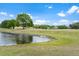 Picturesque pond bordered by a grassy landscape, complemented by a clear blue sky with scattered clouds at 6106 Spinnaker Loop, Lady Lake, FL 32159