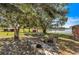 Backyard with a fire pit area, mature trees, and a serene lake view at 6988 Blue Cedar Rd, Leesburg, FL 34748