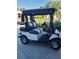 Stylish golf cart with blue and white striped seats and unique lights at 1093 Peninsula St, The Villages, FL 32162