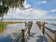 A wooden dock extends over a lake with views of benches at the end on a cloudy day at 2982 Lake Huron Ln, Tavares, FL 32778