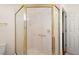 Bright bathroom features a stand-up shower with a gold frame and updated fixtures at 604 Juanita Ct, The Villages, FL 32159