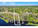 Aerial view showing the property outlined with lake access, private docks, and lush surrounding trees at 10417 Lake Louisa Rd, Clermont, FL 34711