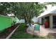 Spacious backyard with stone patio, mature trees, and landscaping offering a relaxing outdoor oasis at 1135 Easley Way, The Villages, FL 32162
