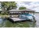 Dock with covered boat slip and seating area on the water at 11619 Lane Park Rd, Tavares, FL 32778