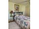 Bedroom with a floral comforter on a black metal frame bed and white carpet at 201 Jacaranda Dr, Leesburg, FL 34748