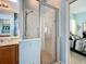 Bathroom featuring a glass shower, a vanity with sink, and an open doorway to the bedroom at 25545 Laurel Valley Rd, Leesburg, FL 34748