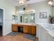 Bathroom featuring a double sink vanity with a large mirror, walk-in tub, and neutral color scheme at 25545 Laurel Valley Rd, Leesburg, FL 34748