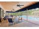 Screened-in pool with covered patio, ceiling fans, and outdoor seating area at 1202 Bly Ct, Eustis, FL 32726