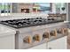 Gas cooktop with stainless steel finish and brass knobs at 13112 Luntz Point Ln, Windermere, FL 34786