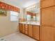 Bathroom featuring double sinks, wooden cabinetry, and generous counter space at 1561 Loris Loop, The Villages, FL 32162