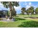 Beautiful backyard with picturesque golf course views, a screened-in lanai, and mature palm trees at 1992 Hagood Loop, The Villages, FL 32162