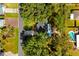 Aerial view of the home with a pool, mature trees, and a well-maintained lawn at 2517 Royal Palm Dr, Edgewater, FL 32141
