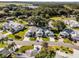An aerial view showcasing a well-maintained neighborhood with lush landscaping and a nearby lake at 26032 Newcombe Cir, Leesburg, FL 34748