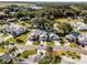 Beautiful aerial image of a neighborhood with lush landscaping, mature trees, and a scenic lake in the background at 26032 Newcombe Cir, Leesburg, FL 34748