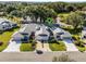 Aerial view of a well-maintained home in a lovely neighborhood with lush greenery and mature trees at 26032 Newcombe Cir, Leesburg, FL 34748