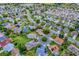 Aerial view of a residential neighborhood with mature trees and well-maintained landscaping; golf course and pond at 725 Beldon Ct, The Villages, FL 32162