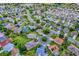 A scenic aerial perspective of a charming neighborhood featuring diverse homes, mature trees, and a tranquil pond at 725 Beldon Ct, The Villages, FL 32162
